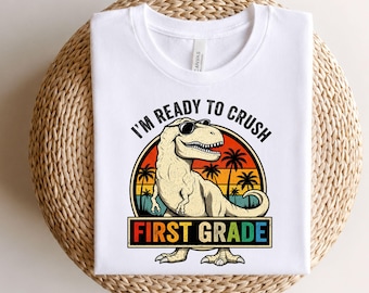 Ready to Crush First Grade PNG, Dinosaur Back to School Sublimation Graphic, Retro T-Rex 1st Grade Clipart, Kids Boy Digital Download
