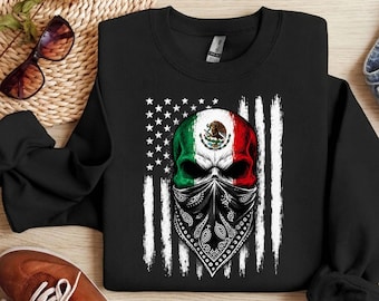 Mexican American Flag PNG – Mexican Skull Sublimation Design, Distressed American Flag Graphic, Bandana Skull Digital Download