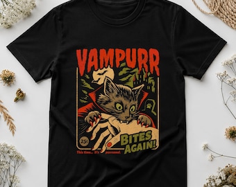 Vampire Cat PNG – Vintage Halloween Comic Design, Retro Horror Cat PNG, Vampurr Bites Again Sublimation Graphic, Digital Download
