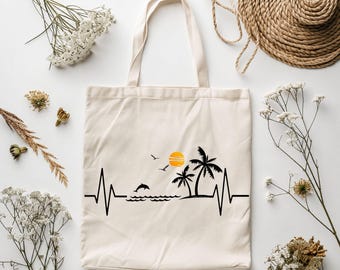 Design PNG de Batimento Cardíaco na Praia – Gráfico Minimalista de Sublimação da Linha da Vida no Oceano, Download Digital de Palmeira Tropical com Golfinho ao Pôr do Sol