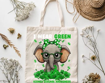 Kidney Disease Awareness PNG – Cute Elephant with Green Ribbon Graphic for Sublimation,I Wear Green For PNG,Chronic Illness Digital Download