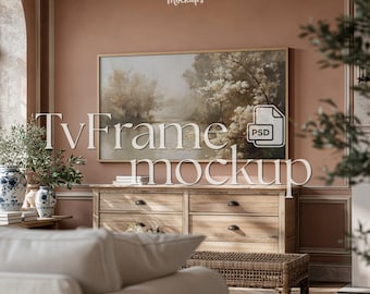 Samsung Frame TV Mockup Digital Download, 16:9 Aspect Ratio TV Art Mockup, Warm Cozy Living Room PSD Smart Object Wood Bezel