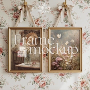 Nursery Double Gold Frame Mockup, A4 Vertical, Ribbon Bows & Floral Wallpaper, 5x7 PSD Smart Object, Digital Download