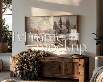 Christmas Frame TV Mockup, 16x9 ratio, Modern Neutral Winter Holiday Living Room, PSD Smart Object