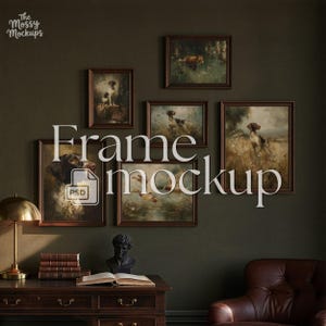 May include: A gallery wall arrangement featuring six dark wood frames containing vintage-style paintings of hunting dogs and wildlife. The frames are displayed on a dark olive wall above a wooden desk with a brass lamp and a bust sculpture.
