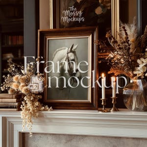 Vintage Frame Mockup 4x5 Ratio, 8x10 Antique Frame on Fireplace Mantle Mock Up, Dark Academia Decor, Smart Object Digital Download