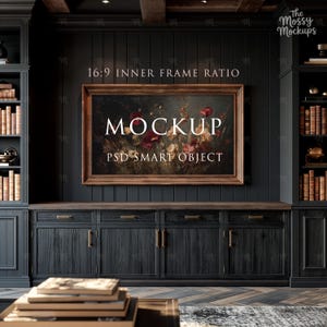 May include: A framed floral painting mockup with the text "MOCKUP" and "PSD SMART OBJECT". The image is set in a dark, wood-paneled room with built-in bookshelves and a cabinet. The frame has a brown wooden finish.