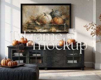 Fall Tv Frame Mockup Digital Download, Autumn Smart Tv Mock Up PSD, Pumpkin Decor Living Room Interior, Black Cabinet Frame JPG Halloween