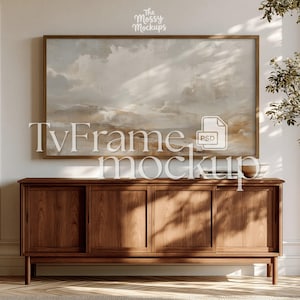 TV Rahmen Mockup PSD, Wohnzimmer Innen Mockup, Samsung Art Mockup, Smart Objekt, neutrale minimalistische Holzkonsole