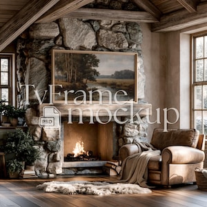 May include: A rustic living room featuring a stone fireplace with a burning fire, a landscape painting, and a leather armchair. A faux fur rug is on the wooden floor. The room is lit by natural light, creating a warm and inviting atmosphere.
