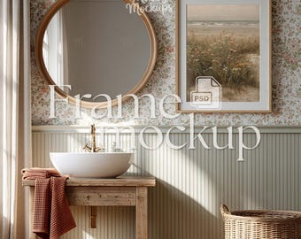 Nursery Bathroom Frame Mockup PSD, Kids Bathroom Decor Digital Download, 3x4 Wood Frame, Smart Object Vintage Mockup,