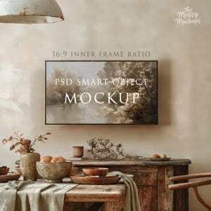 Rustic Frame TV Mockup 16x9 Digital Download PSD Smart Object TV Art Mockup Vintage Dining Room Wabi Sabi Interior Digital Display