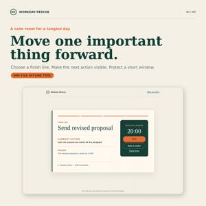 Könnte beinhalten: Eine digitale Benutzeroberfläche mit dem Titel Workday Rescue und dem Text Move one important thing forward. Der Bildschirm zeigt einen Aufgabenmanager mit Ziellinie, aktueller Aktion, Nachweis und einem dunkelgrünen Timer auf 20:00.