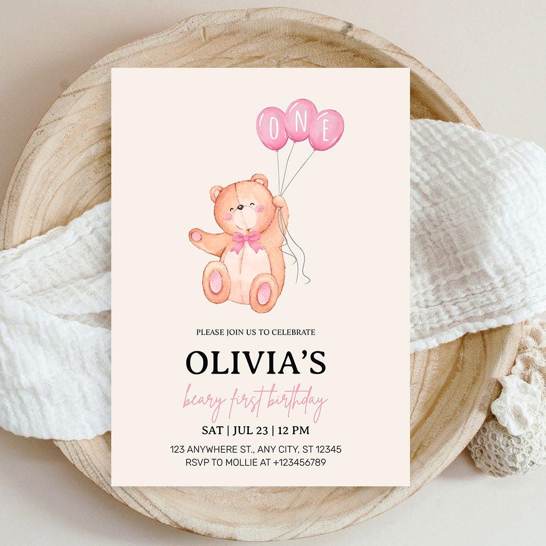 Editable Beary First 1st Birthday Invitation Canva Template Pink Teddy ...