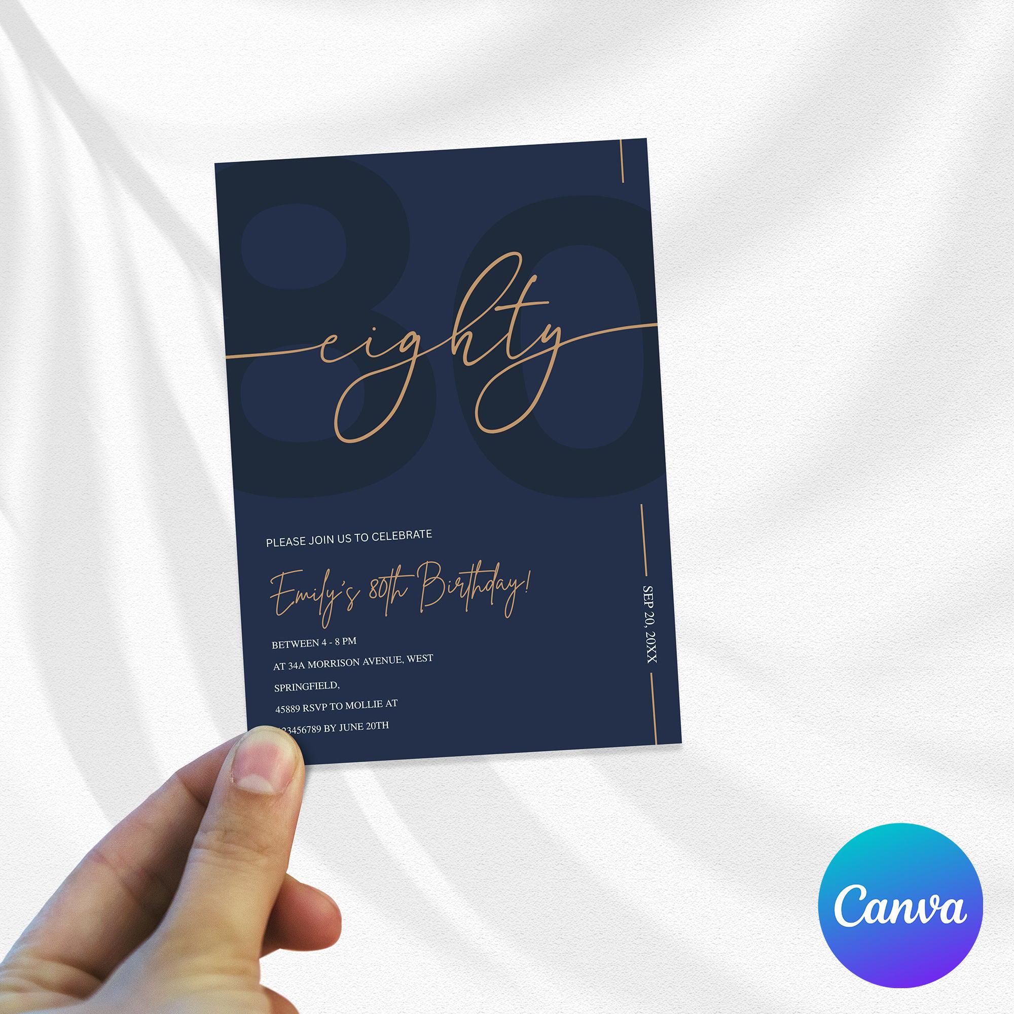 Editable 80th Birthday Invitation Canva Template Navy Blue Gold Elegant ...
