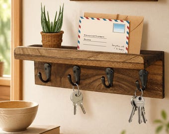 Wall Mounted Key Holder with Shelf | Rustic Entryway Organizer with Hooks | Farmhouse Storage Solution
