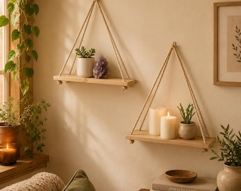 Rustic Hanging Shelf with Rope – Floating Wooden Wall Shelf, Boho Farmhouse Decor, Triangle Plant Shelf, Reclaimed Wood