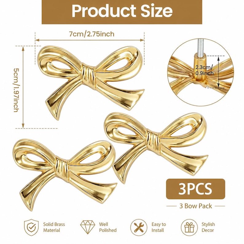 May include: Three polished gold-coloured bow-shaped decorative hardware pieces. Each bow measures 7cm wide and 5cm high. The product is made of solid brass and is easy to install. The package includes 3 bow pieces.