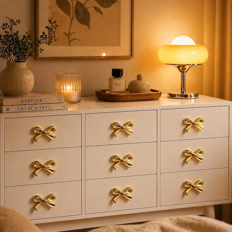 May include: A white chest of drawers with gold bow-shaped handles. A lamp, vase, books, and decorative items sit on top. The room has a warm, inviting atmosphere. The chest of drawers is a stylish piece of furniture.
