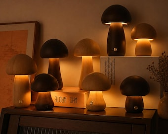 Wooden Mushroom Night Light | Touch Sensor Ambient Bedside Lamp (USB Powered)