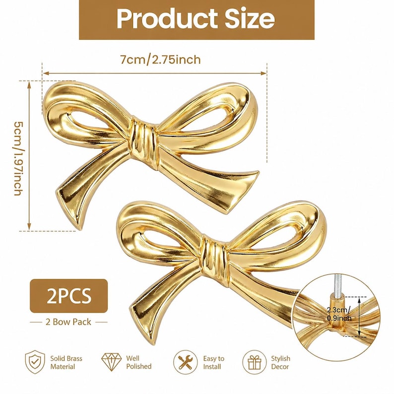 May include: Two gold-coloured bow-shaped decorative hardware pieces. Each bow measures approximately 7 cm wide and 5 cm high. The product is made of solid brass and is easy to install. The package includes two bows.
