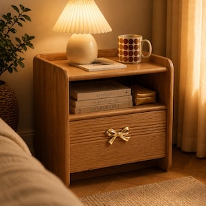 May include: A light-wood nightstand with a drawer and a gold bow-shaped handle. A lamp with a pleated shade and a round base sits on top, along with a mug and books. The nightstand is made of light-coloured wood.