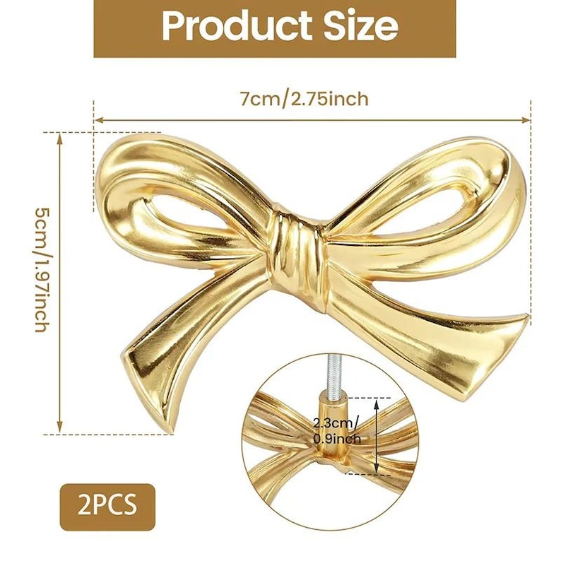 May include: A pair of gold-coloured bow-shaped cabinet pulls. Each pull measures 5 cm in height and 7 cm in width. The image includes the text "Product Size" and "2PCS".
