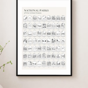 May include: Black framed print featuring a collection of detailed illustrations of National Parks of the United States. Each park is represented by a unique, small, black and white drawing. The title "NATIONAL PARKS of the United States" is at the top.