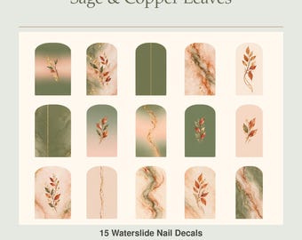 Sage & Copper Leaves Waterslide Nail Decals, 15 Fall Leaf and Marble Designs