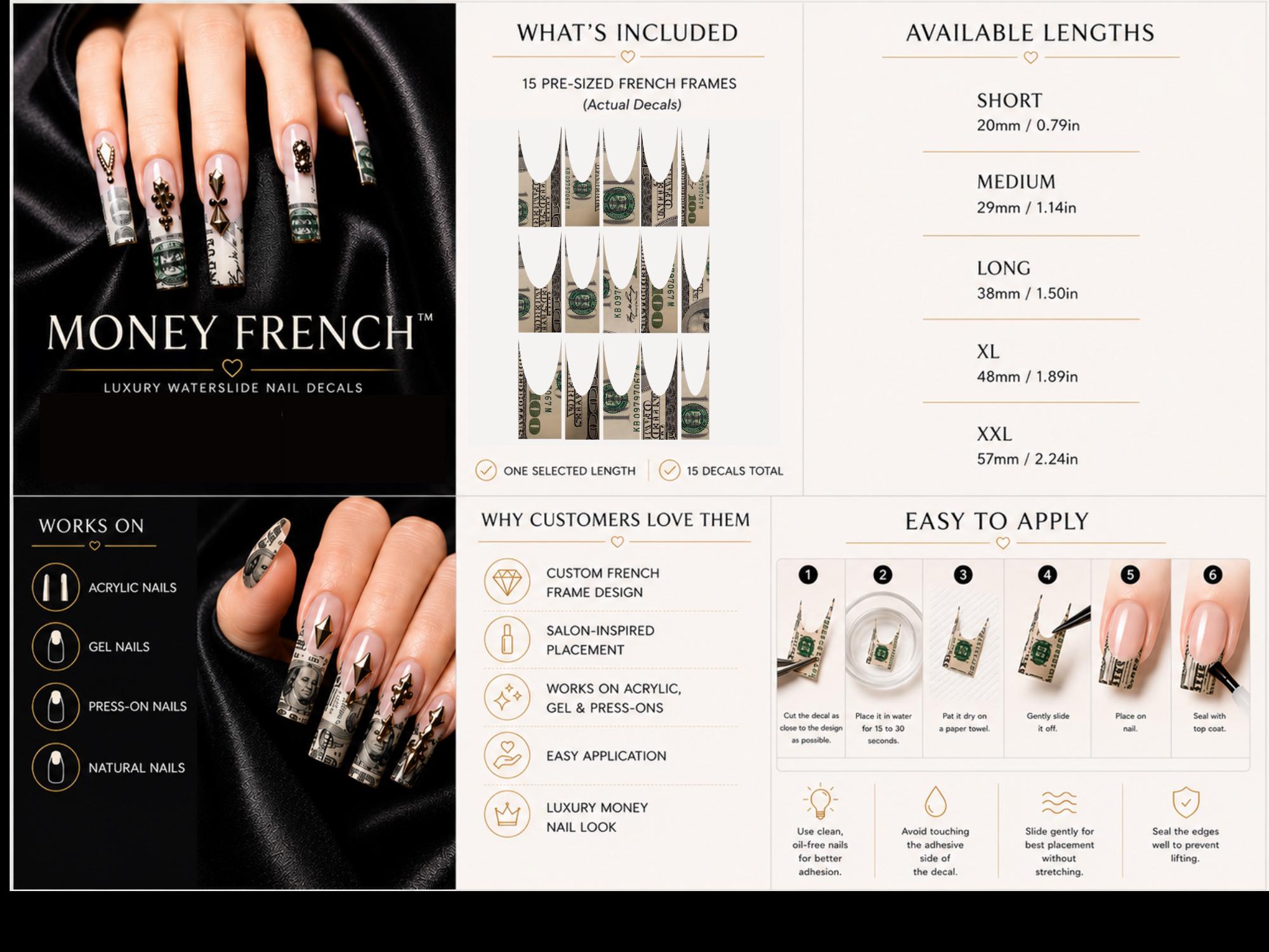 Money Nail Water Decals Dollar Bill Nail Art Transfers Luxury Cash Nails Waterslide Nail Decals for Acrylic & Gel