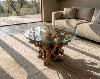 Handcrafted Sculptural Teak Root Coffee Table with Floating Tempered Glass | Organic Modern Art Piece