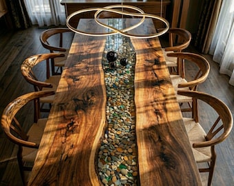 Mesa de comedor de nogal tailandés hecha a mano / Incrustaciones de piedra natural, muebles personalizados con borde natural