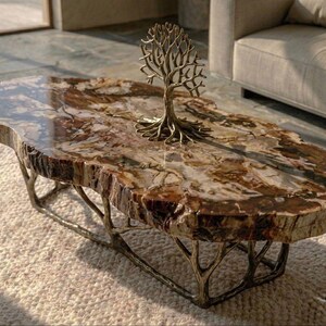 Mesita auxiliar pequeña de nogal veteado hecha a mano / Base escultórica de latón entrelazado / Escultura moderna de anillo infinito