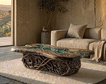 Tavolo in resina color noce scuro / Foresta mistica color verde acqua intenso, base con drago e volpe dorati, intarsi celtici