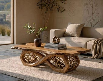 Solid Wood Live Edge Coffee Table | Sculptural Root Base Center Table
