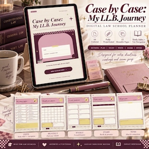 May include: A digital law school planner titled Case by Case: My LL.B. Journey displayed on a tablet screen. The planner features a maroon and cream color scheme with sections for study index, monthly planning, weekly schedules, exam prep, and notes.