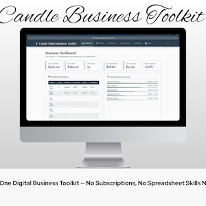 Op de afbeelding: Een computerscherm met een "Candle Maker Business Toolkit" dashboard met financiële gegevens. Het scherm toont verkoopcijfers en percentages. De tekst bovenaan luidt "Candle Business Toolkit" en onderaan "All-in-One Digital Business Toolkit - No Subscriptions, No Spreadsheet Skills Needed."