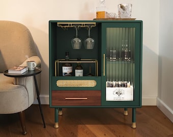 Retro Console Table, Green Liquor Cabinet, Drawers, Wine Rack, Rattan Accents