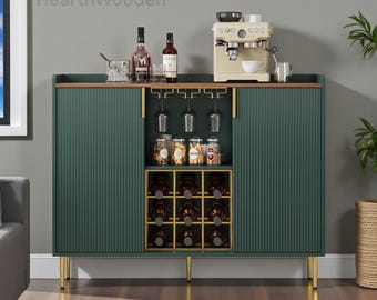 Modern Fluted Wine Bar Cabinet with Glass Holder, Liquor Storage Sideboard