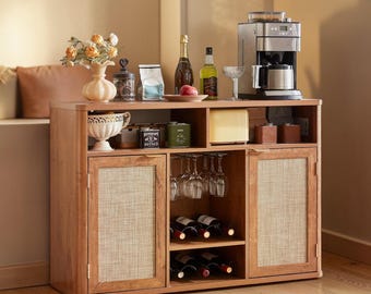Rattan Wine Cabinet with Storage, Boho Coffee Bar, Farmhouse Buffet Sideboard