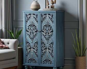 Boho Navy Blue Accent Cabinet, Carved Mandala Doors, Farmhouse Storage Sideboard