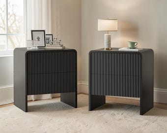 Set of 2 Curved Black Nightstands, Modern Wooden Bedside Tables with Drawers