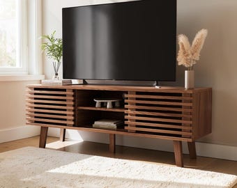 Mid Century Modern Walnut TV Stand, Sliding Door Entertainment Center, 50-60 Inch TV Console