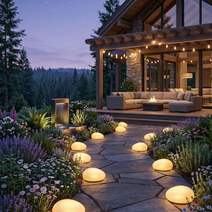 May include: A dusk scene shows a stone pathway lit by glowing, rounded lights. The path leads to a patio with seating and a fire pit. The scene is enhanced by lush landscaping and a water feature, creating a tranquil atmosphere.
