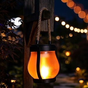 Peut inclure: Une lanterne suspendue avec un cadre en métal noir et un corps en verre orange dépoli qui brille d'une lumière chaude. La lanterne dispose d'une poignée en corde épaisse de couleur naturelle fixée au sommet pour la suspendre à un poteau.