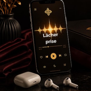 May include: A smartphone displays a music app interface with the text "Lâcher prise" and a sound wave graphic. A pair of white wireless earbuds and their charging case are in the foreground. The background includes a dark vase and a book.