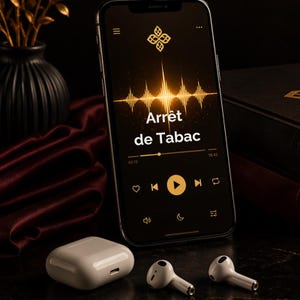 Puede incluir: Un teléfono inteligente muestra el texto "Arrêt de Tabac" en su pantalla, con una interfaz de reproductor de música. El teléfono es negro y dorado, con un gráfico de forma de onda. Auriculares inalámbricos blancos y su estuche de carga están en primer plano. Un jarrón oscuro y un libro están en el fondo.
