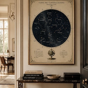 May include: A framed vintage-style wall print titled CARTE DES CONSTELLATIONS HÉMISPHÈRE BORÉAL. The print features a dark blue circular star map with white constellation lines, a central globe illustration, a legend, and notes in French.