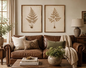 Set di 2 stampe vintage di felci, decorazioni murali botaniche, stile cottagecore seppia (download digitale)