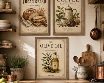 Set di stampe vintage da parete per la cucina, con immagini di pane fresco, caffè e olio d'oliva (download digitale)